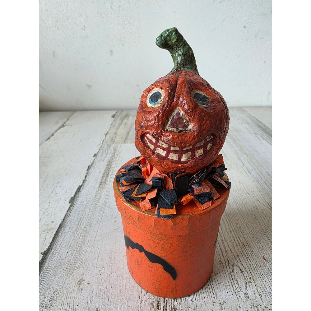 Vintage folk art pumpkin canister bat Halloween statue figurine paper decor